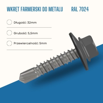 Wkręt farmerski do metalu 5,5X32 mm przewiercalność 5 mm w kolorze RAL 7024